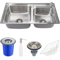 Cuba para cozinha pia dupla gourmet inox Potiguara com lixeira e acessórios Pingoo.casa