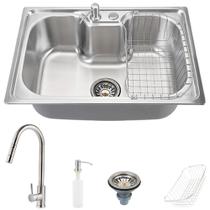 Cuba para Cozinha pia inox Com Acessórios Torneira gourmet monocomando extensível escovado Prata Cuba para Cozinha pia inox Com Acessórios Torneira gourmet monocomando extensível escovado Prata