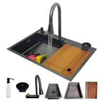 Cuba para Pia Cozinha Gourmet Preta Premium Inox Escovado Grande Quadrada 74x45 Kit com Acessórios