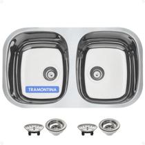 Cuba Pia com Bacia Dupla 77X45 Tramontina Inox Alto Brilho de Embutir Prime com Válvulas 4 1/2 Cuba Pia com Bacia Dupla 77X45 Tramontina Inox Alto Brilho de Embutir Prime com Válvulas 4 1/2