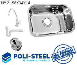 Cuba Pia Cozinha nº2 56x34x14 INOX POLIDA + SIFÃO +VÁLVULA +TORNEIRA BANCADA RAINHA - Poli-Steel