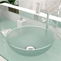 Cuba Pia de Apoio Vidro 29cm Redonda e Válvula Cromada Para Banheiro Lavabo