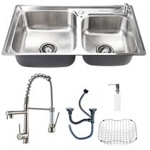 Cuba Pia Dupla Cozinha Gourmet C/ Acessórios Completa + Torneira Monocomando Misturador Aço Inox Prata Brinovar