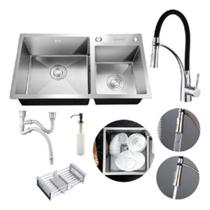 Cuba Pia Dupla Prata Gourmet Quadrada Completa C/Acessórios + Torneira Monocomando Preta Flexível De Silicone Brinovar