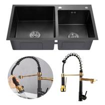 Cuba Pia Gourmet Dupla Preta Aço Inox + Torneira Flexível