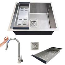 Cuba quadrada 44x44cm aço inox 304 e torneira touch escovada