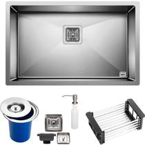 Cuba Quadrada Inox 304 Cozinha Pia Embutir Sobrepor Gourmet 75x45 Premium Com Lixeira Embutir 5 Litros