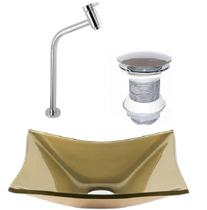 Cuba Retangular 39Cm Champanhe + Valvula Click + Torneira