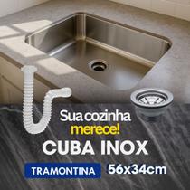 Cuba Retangular Inox Tramontina 56x34x14,5 cm Válvula Sifão Pia de Cozinha Aço Inoxidável Embutir