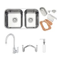 Cuba Tramontina Isis 2C 34-28 BS 69x40 Inox Polido +Torneira Deca Level Dosador e Sifão Duplo