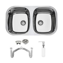 Cuba Tramontina Isis 2C 34 BL 77x45 Alto Brilho + Dosador Meber e Sifão Duplo Cuba Tramontina Isis 2C 34 BL 77x45 Alto Brilho + Dosador Meber e Sifão Duplo