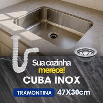 Cuba Tramontina Retangular Inox 47x30x14,5 cm Válvula Sifão Pia de Cozinha Aço Inoxidável Embutir