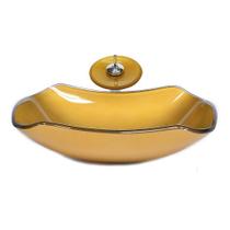 Cuba Vidro Abaulada 51Cm Dourado Real + Válvula + Torneira