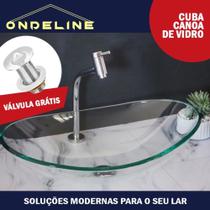 Cuba Vidro Canoa Oval Lavatório Lavabo Linha Luxo Incolor com Válvula Metal -Cubas Ondeline