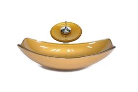 Cuba Vidro Oval Chanfrada 46Cm Dourado Real Válvula Torneira Cuba Vidro Oval Chanfrada 46Cm Dourado Real Válvula Torneira