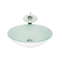 Cuba Vidro Redonda 35Cm Branca + Válvula + Torneira Cascata