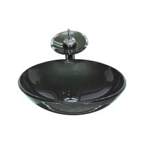 Cuba Vidro Redonda 35Cm Grafite + Válvula + Torneira Cascata