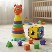 Cubo educativo mais urso brinquedo infantil torre educativa, cubo de encaixe, brinquedo pedagógico, empilhar e montar, formas geométricas