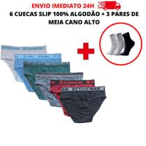 Cueca Adulto Kit 6 Cuecas Normal Slip 100% Algodao + 3 Pares De Meias Cano Alto Sport Somellos / Active Man / Dstillos -
