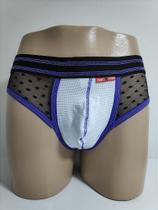 Cueca Jock Strap Branca com Detalhes Roxo e Renda em Poá - Frantz Design Cueca Jock Strap Branca com Detalhes Roxo e Renda em Poá - Frantz Design