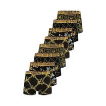 Cuecas Boxer Masculinas (8 Peças) Pretas Com Estampa Grega Dourada, Elásticas, Macias E Respiráveis