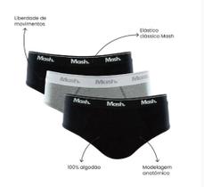 Cuecas Mash Slip Algodão Cinza Claro/Preto Kit com 3 Peças