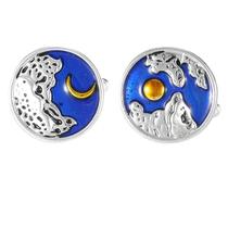Cufflinks Moon and Sun Esmalte para homens, design redondo azul