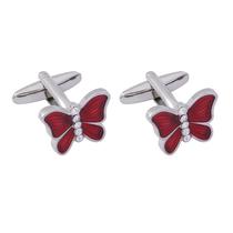 Cufflinks Red Butterfly para homens, esmalte e enfeites de cristal