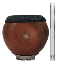 Cuia Gajeta Uruguaia de Porongo com Borda e Bomba 19cm Lisa Aço Inox Cano Largo Mola