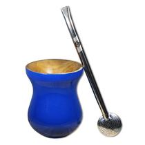 Cuia Tradicional Madeira Imbuia Azul + Bomba Inox Grêmio - Gastrobel