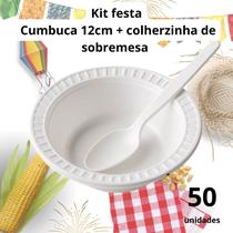 Cumbuca 12CM branco com 50 unid e colhezinha de sobremesa com 50 unid