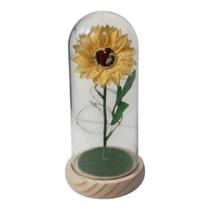 Cúpula com Girassol Tecido + Micro Led e Base de Madeira a Pilha