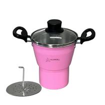 Cuscuzeiro Nº12 Mini Panela Para Cuscuz Pequeno Individual Nordestino Nº12 em alumínio Rosa Pink Tampa de Vidro