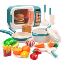 CUTE STONE Micro-ondas Brinquedos Cozinha Play Set,Kids Pretend Play Electronic Oven with Play Food, Panela e Conjunto de Brinquedos pan, utensílios de cozinha, grandes presentes de aprendizagem para bebês crianças meninas meninos