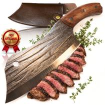 Cutelo Multiuso Profissional Churrasco Cozinha Camping Pesca Corte de Carnes Legumes Peixes Aço Inox Forjado Cabo Madeira Bainha Sintética