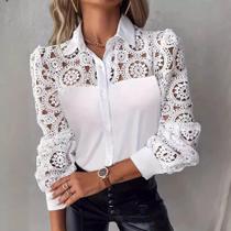 D0204-Camisa Blusa Social Luxo Rendada Bordado Elegante 4o1102