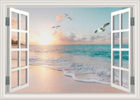 Decalque de parede ATSHXYDY Adesivo de janela falso Sunset Beach 48x32cm