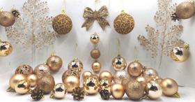 Decoração árvore natal champanhe 47 un cobre claro lindo com galhos bolas artesanais e mix de bolas - master