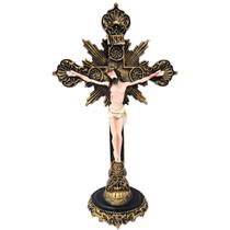Decoração com Base - Jesus Cristo Cruz 40 Cm - Enfeite Decorativo de Mesa