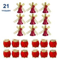 Decoração Completa Árvore Brilhante Dourada Conjunto Enfeite Premium 12 Mini Tambor + 9 Mini Sino