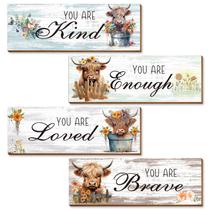 Decoração de arte de parede Thrist Highland Cow com citações positivas, 4 unidades