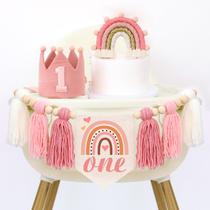 Decoração de cadeira alta HODIHIWI Boho 1st Birthday Pink Wood Decoração de cadeira alta HODIHIWI Boho 1st Birthday Pink Wood