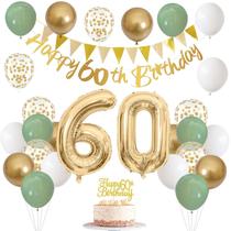 Decoração de Festa Jobkoo - 60º Aniversário (Verde Sálvia, Branco e Dourado)