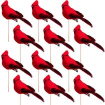 Decoração de Natal de pássaros cardeais vermelhos artificiais em palito de madeira Decoração de Natal de pássaros cardeais vermelhos artificiais em palito de madeira