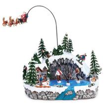 Decoração de Natal Luxo Cenário Vilarejo Casinhas Montanha Iluminada com Luz Som Movimento Papai Noel e Renas que Voam