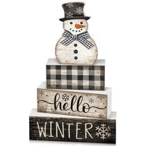 Decoração de Natal Moucuny Snowman Winter Wood Block Sign x4 Decoração de Natal Moucuny Snowman Winter Wood Block Sign x4
