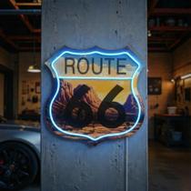 Decoração de parede American Art Decor Route 66 com luz LED azul-clara Decoração de parede American Art Decor Route 66 com luz LED azul-clara