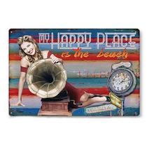 Decoração de parede com letreiro de estanho My Happy Place is the Beach 20x30cm