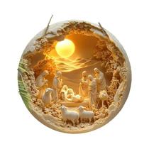 Decoração De Parede De Natal 2D Plana Circular Em Relevo De Madeira Artificial Com Jesus, Maria,