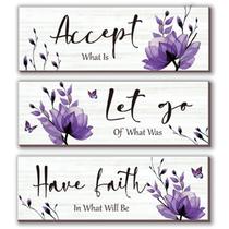 Decoração de parede ONIZHITY Purple Flower, madeira rústica, 30x10cm, 3 unidades